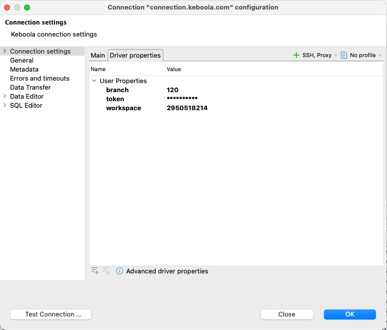 Connection — driver properties