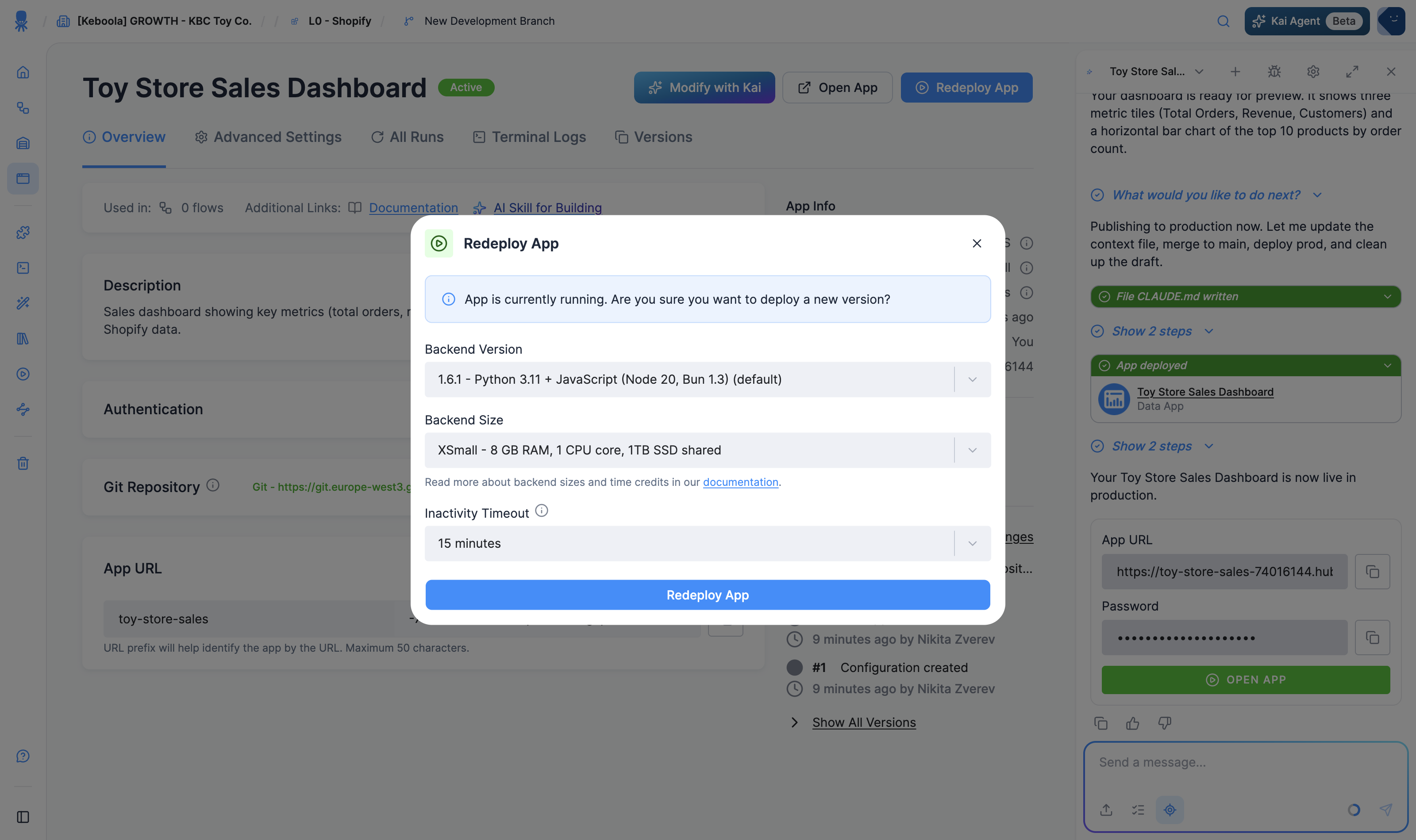 The deploy/redeploy wizard: backend size and inactivity timeout