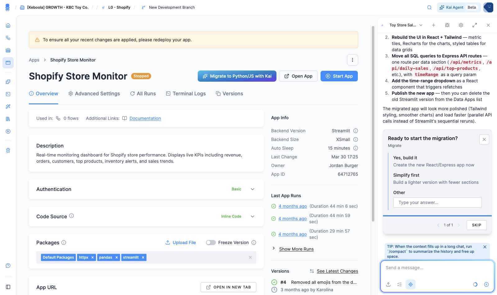 A Streamlit app's detail page (Backend: Streamlit) with the "Migrate to Python/JS with Kai" button, next to Kai's migration plan and a "Ready to start the migration? — Yes, build it" card