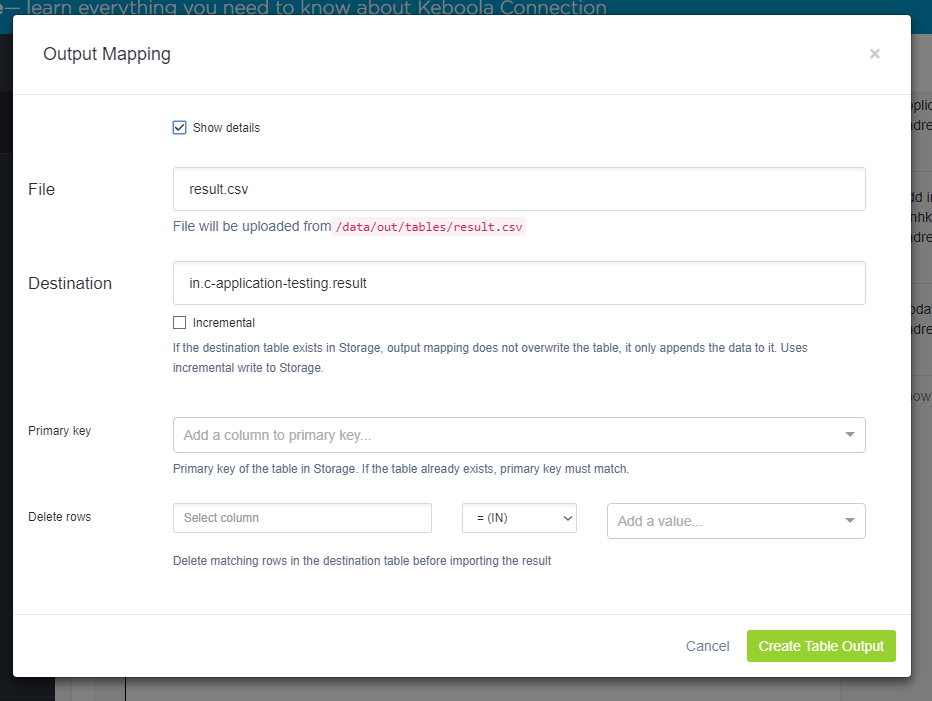 Table output detail screenshot