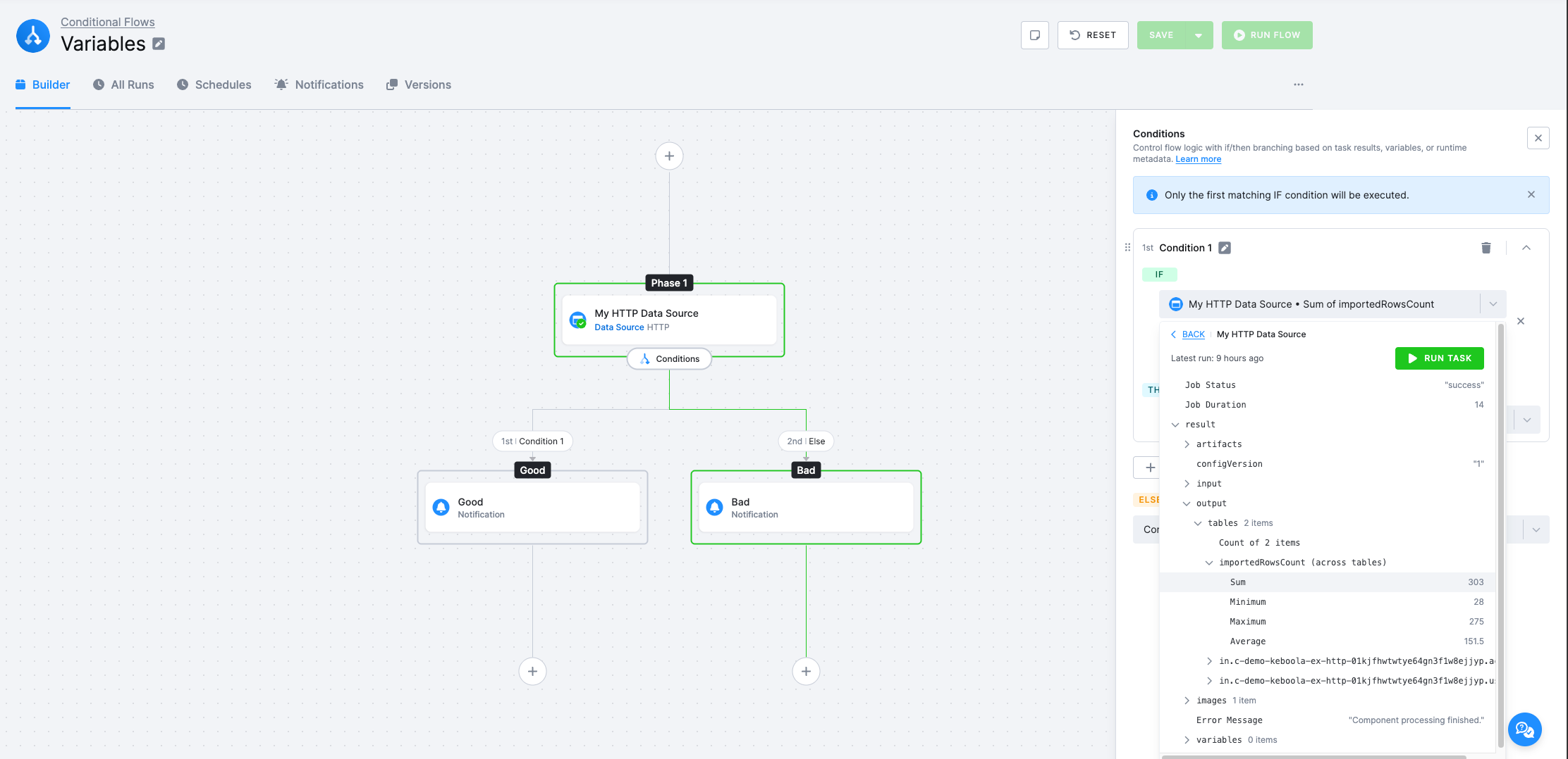 Dynamic Value picker showing task result tree with aggregations