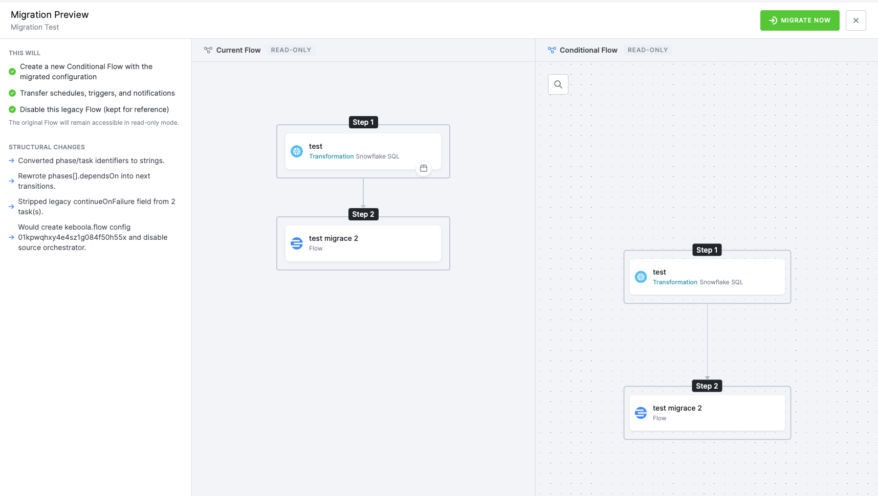 Migration Preview screen with side-by-side comparison and structural changes panel